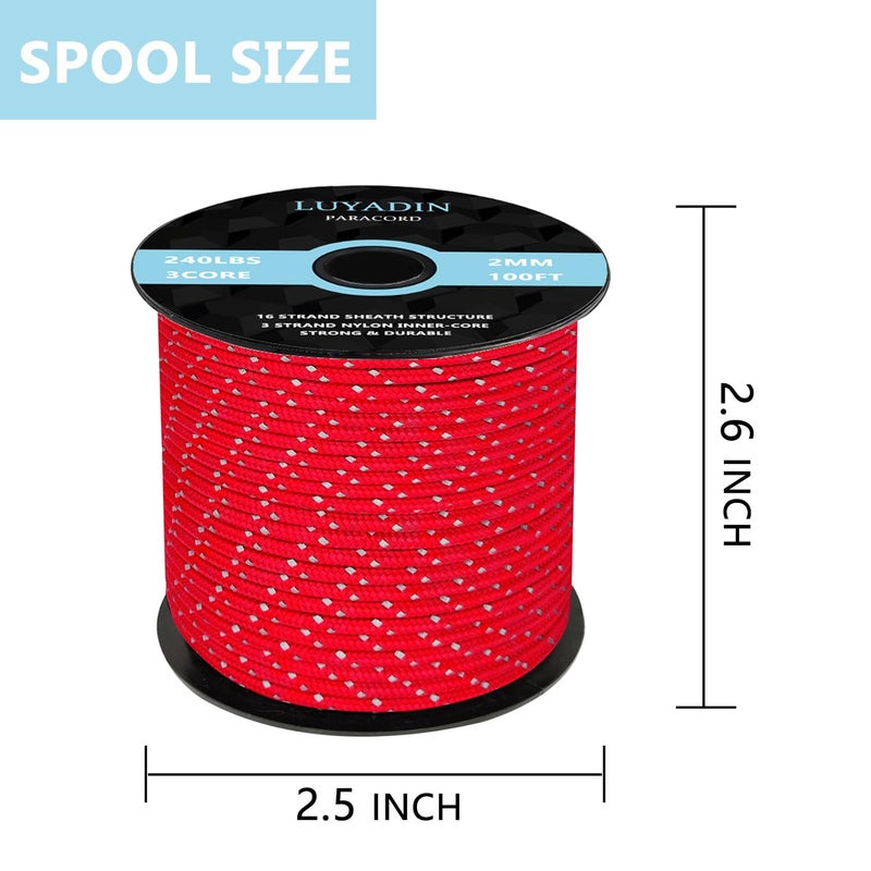 LUYADIN Reflective Paracord 240lb - Diameter 2mm Micro Utility Cord -3 Strand Parachute Spool Cord - 100ft 200ft,Paracord for Camping,Hiking,Fishing,Outdoor and DIY - Image 2